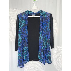 Chicos 2 Travelers Drape Sweater Blue Black Floral Slinky 3/4 Sleeve Size 12
